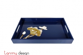 Dark blue rectangular lacquer tray with hand-painted lotus 22*35